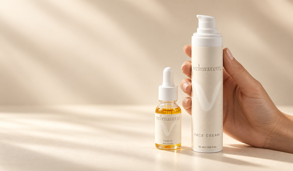 Velmarette Face Cream, 50 ml, held beside Nourishing Facial Oil, 15 ml